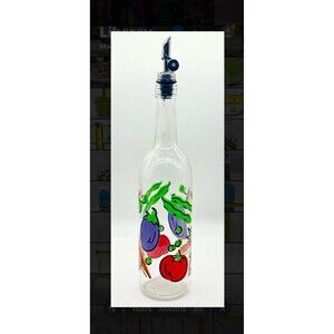 Vintage Glass Oil Vinegar Cruet Bottle Hand Painted Vegetables auto flip pourer